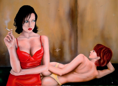 Figurative fine art Painting. Girl Friends, Mixed media painting.  Peter Buddle